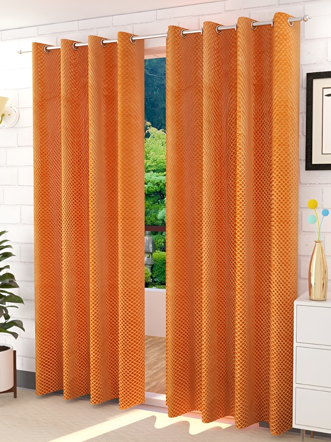 

HOMECRUST Gold Toned & Orange 2 Pieces Geometric Room Darkening Long Door Curtains