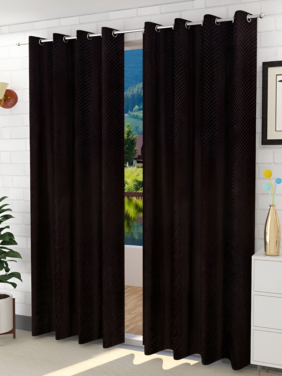 

HOMECRUST Coffee Brown 2 Pieces Geometric Room Darkening Long Door Curtains