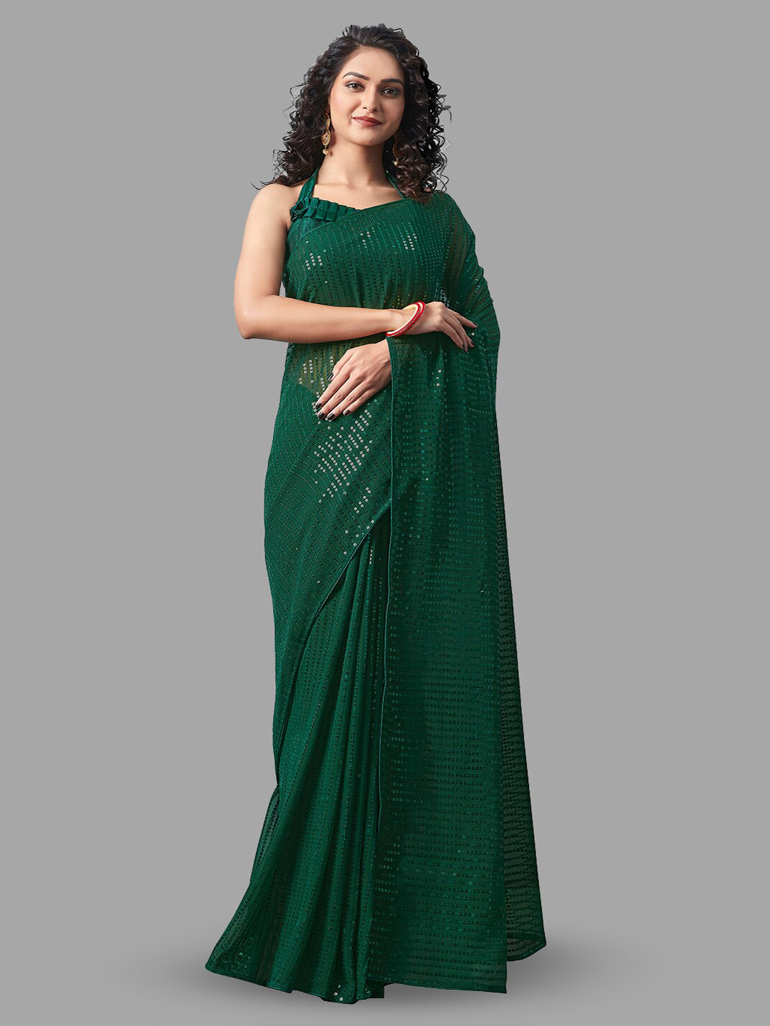 

B Bella Creation Embellished Sequinned Pure Georgette Saree, Green