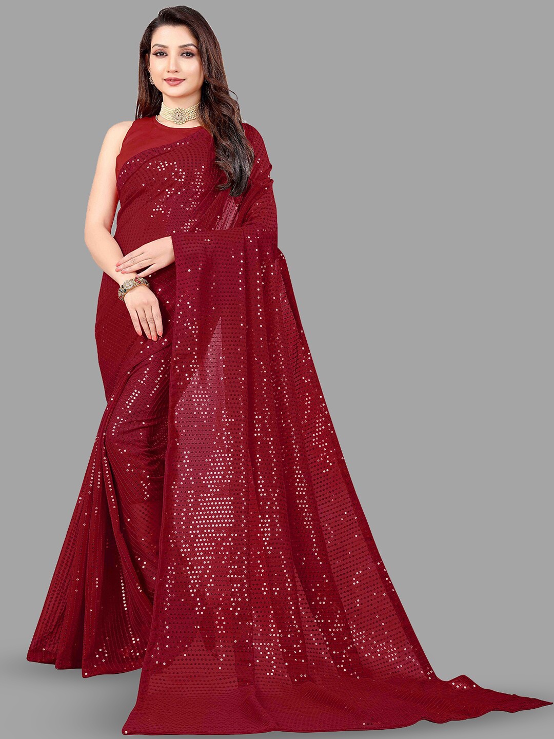 

B Bella Creation Embellished Sequinned Pure Georgette Saree, Maroon