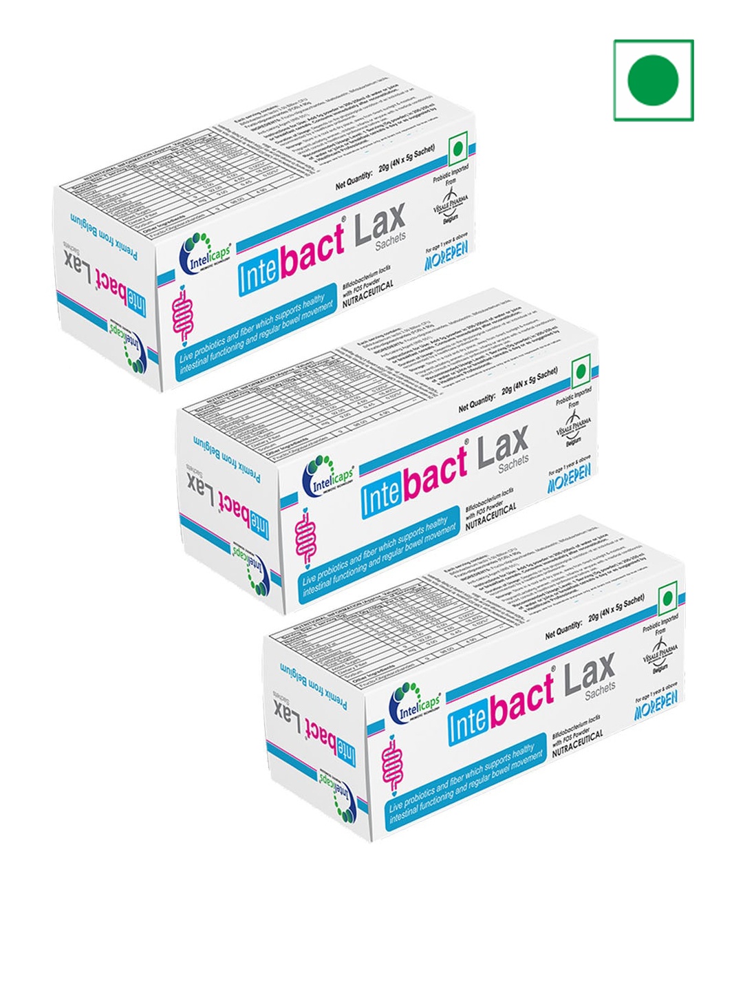 

Dr. Morepen Set of 3 Intebact Lax Probiotic Supplement for Gut Health - 4 Sachets Each, White