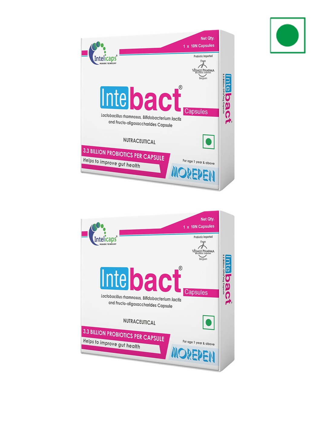 

Dr. Morepen Set Of 2 Intebact Probiotic Capsules For Gut Health - 10 Veg Capsules Each, White