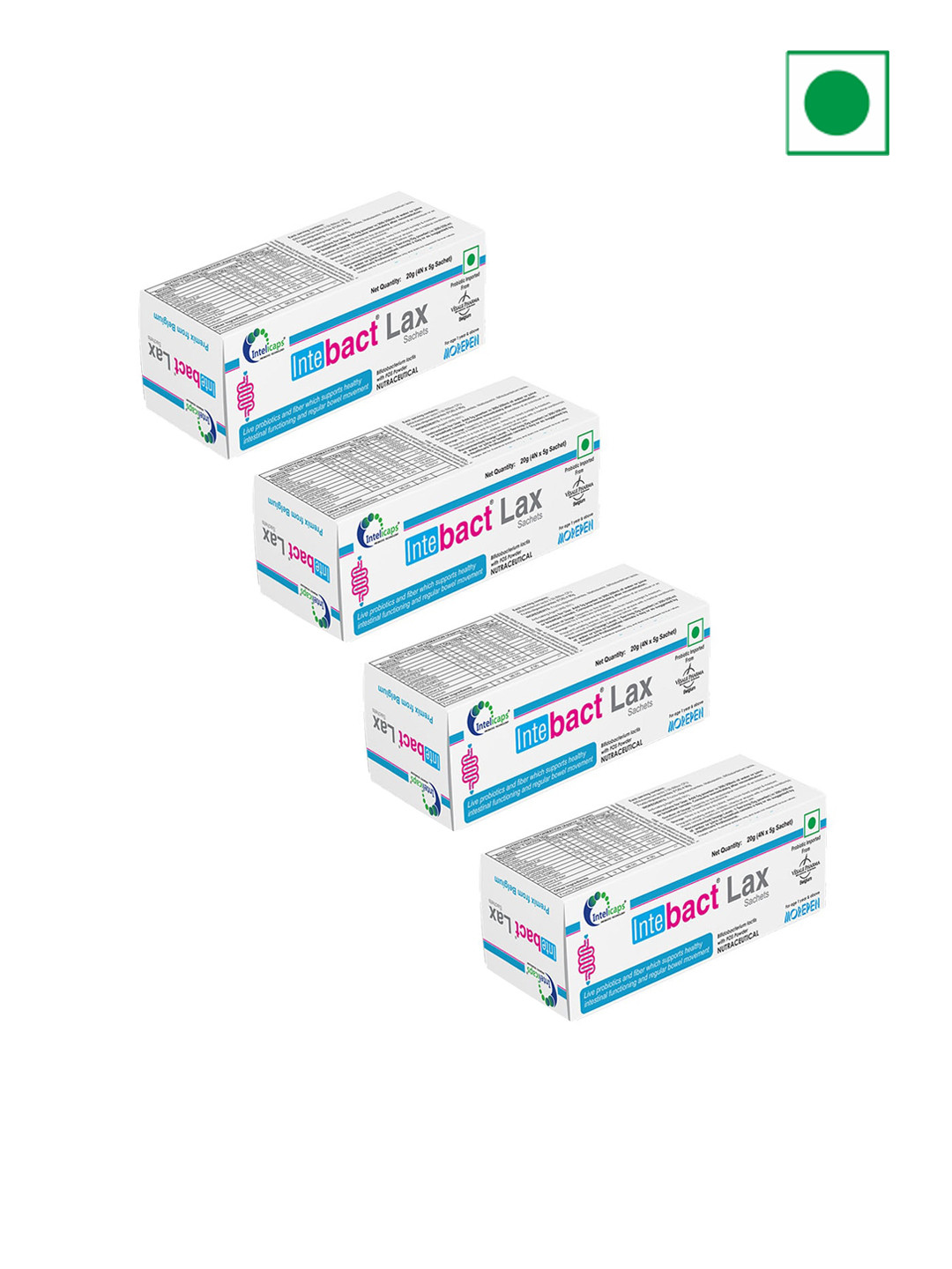 

Dr. Morepen Set of 4 Intebact Lax Probiotic Supplement For Gut Health - 4 Sachets Each, White