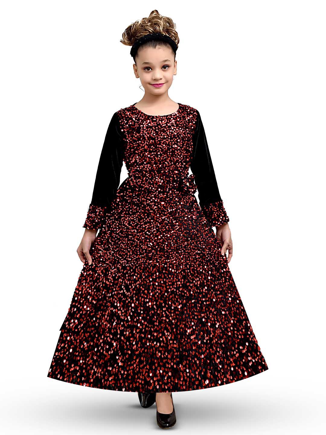 

BAESD Girls Self Design Round Neck Applique Flared Velvet Maxi Dress, Red