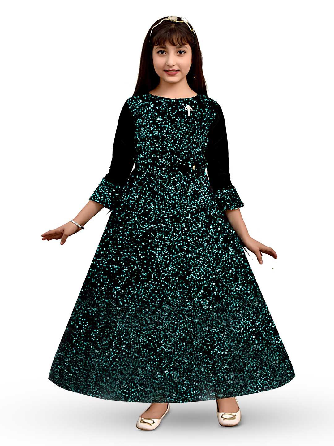 

BAESD Girls Self Design Round Neck Applique Flared Velvet Maxi Dress, Green