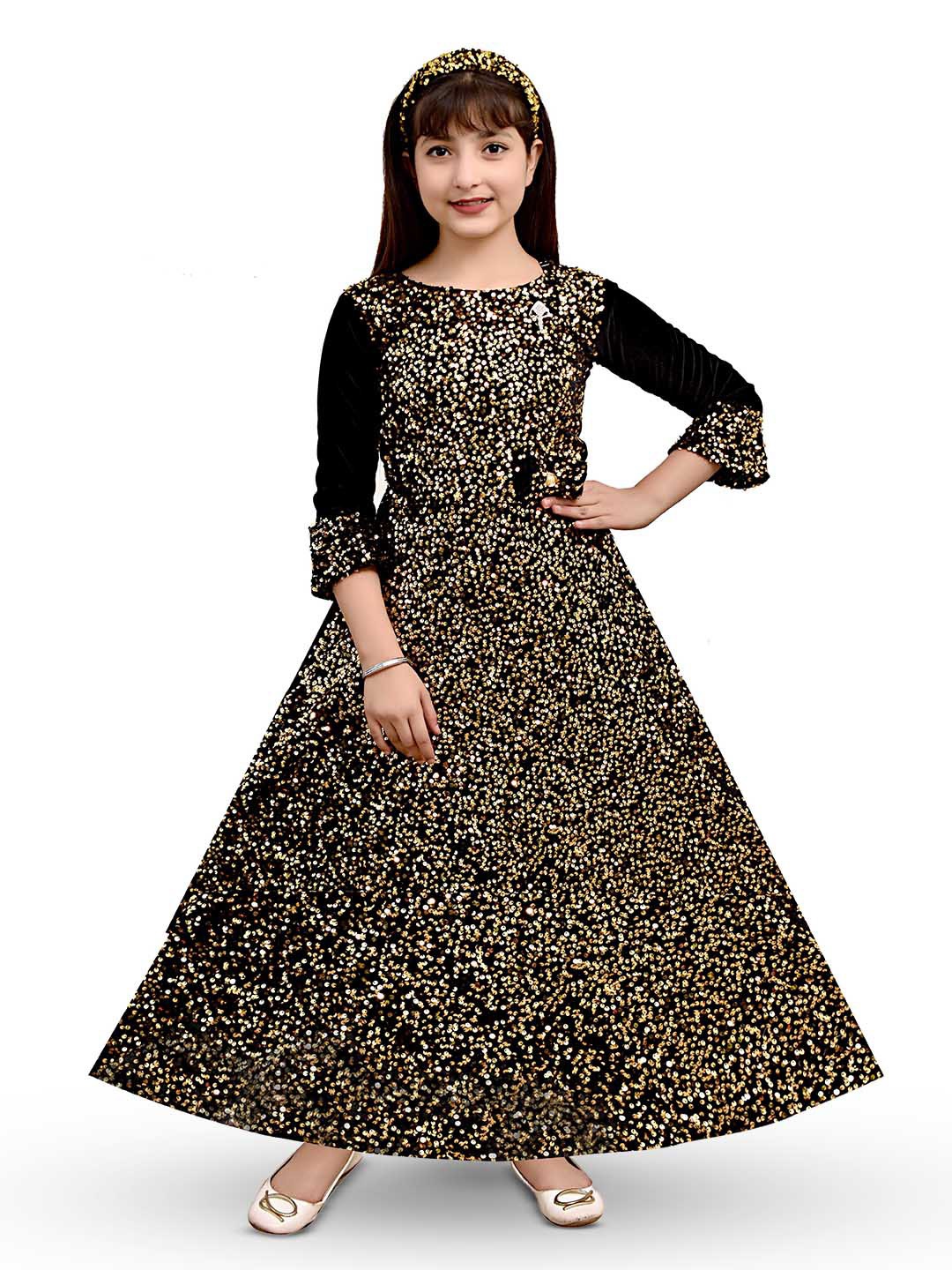 

BAESD Girls Self Design Round Neck Applique Flared Velvet Maxi Dress, Gold