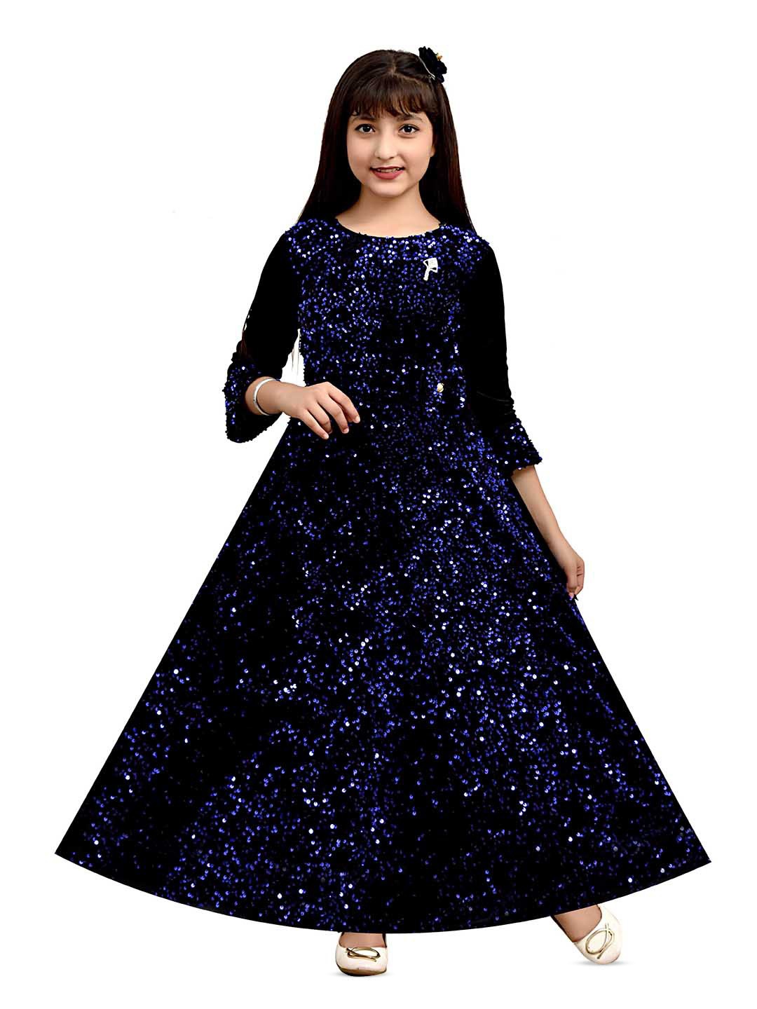 

BAESD Girls Embellished Round Neck Applique Flared Fit & Flare Maxi Dress, Blue
