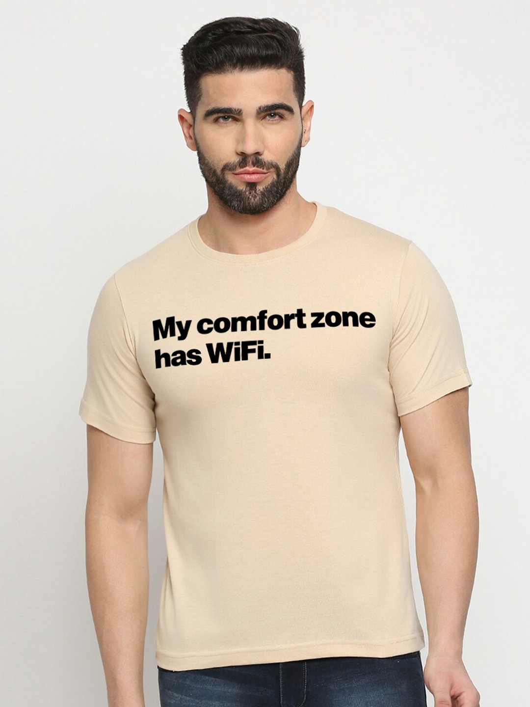 

MOD ECRU Typography Printed Cotton T-shirt, Cream