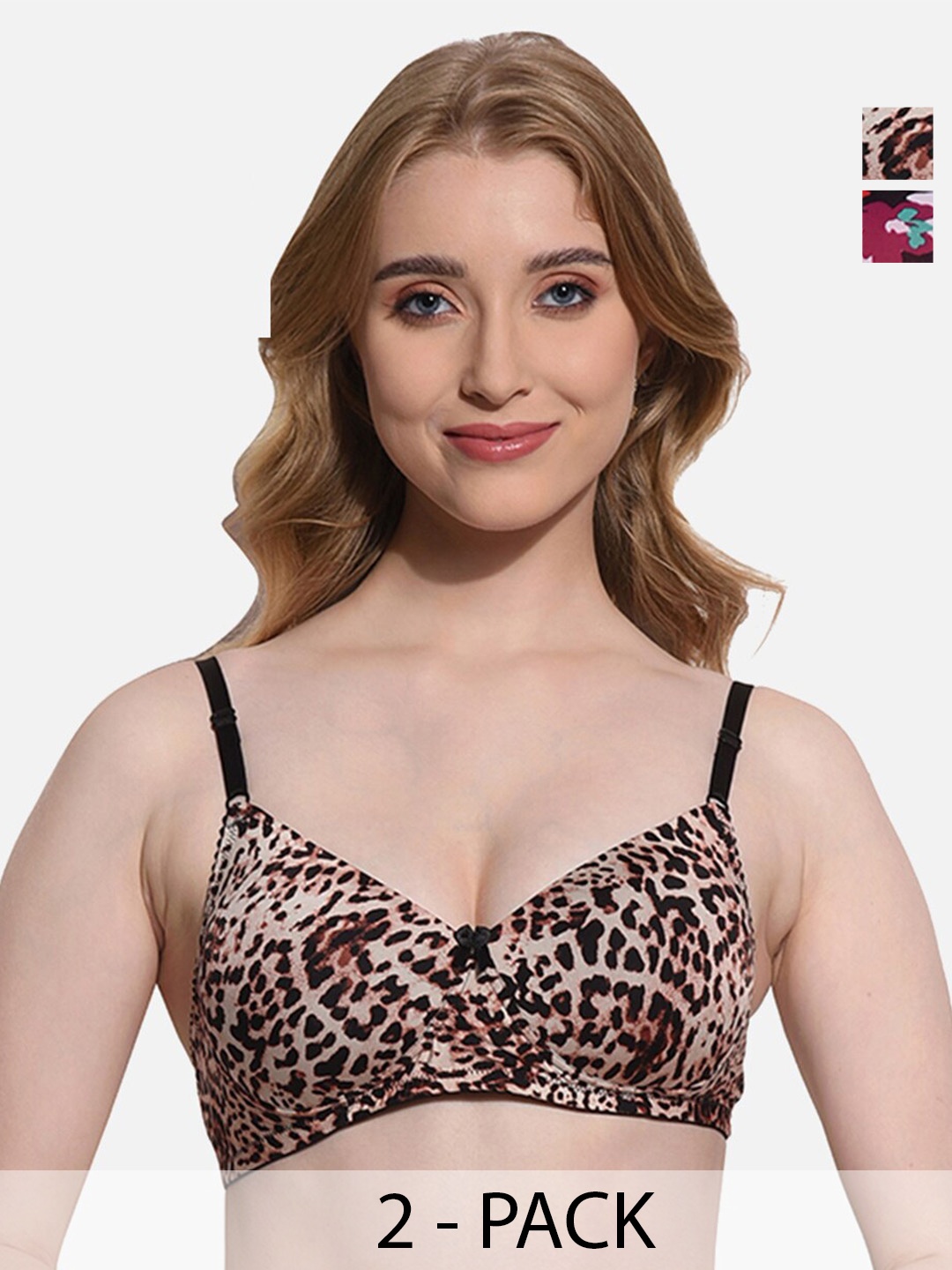 

FIMS Pack Of 2 Printed Full Coverage Super Support All Day Comfort Everyday Bras, Brown