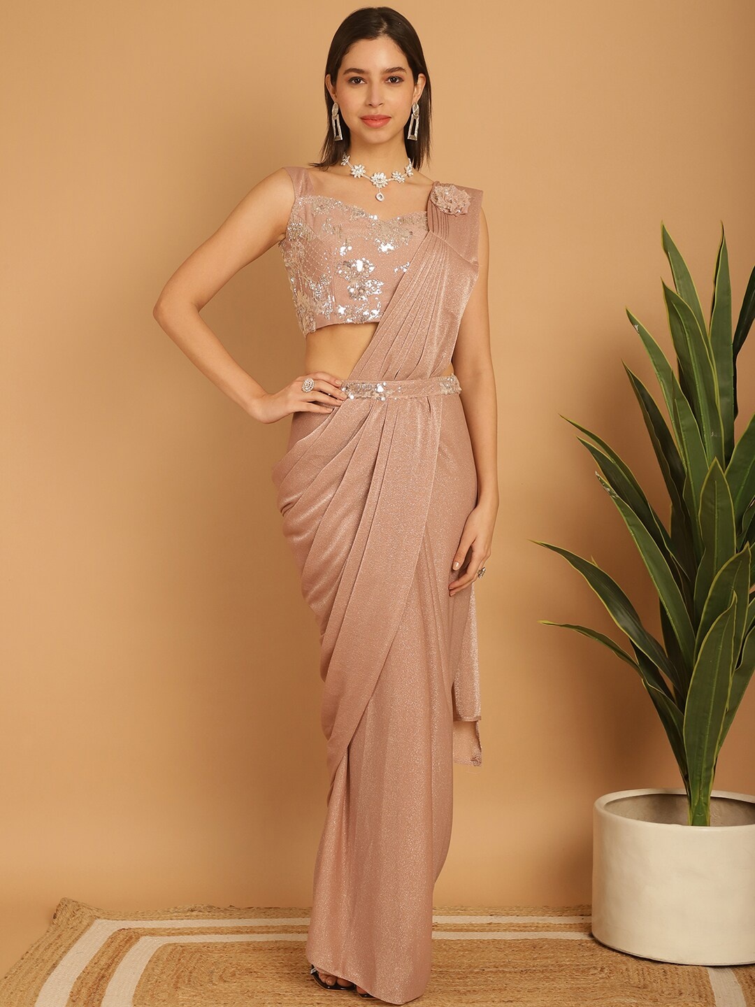 

Mitera Embellished Lycra Ready to Wear Saree With Stitched Blouse, Peach