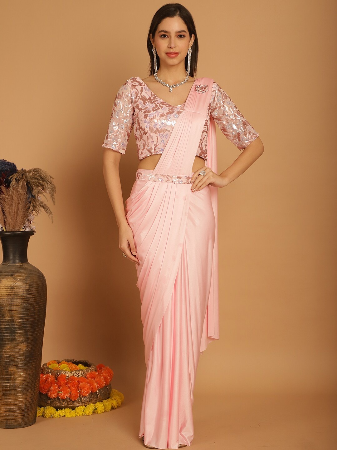 

Mitera Sequinned Ready to Wear Saree, Pink