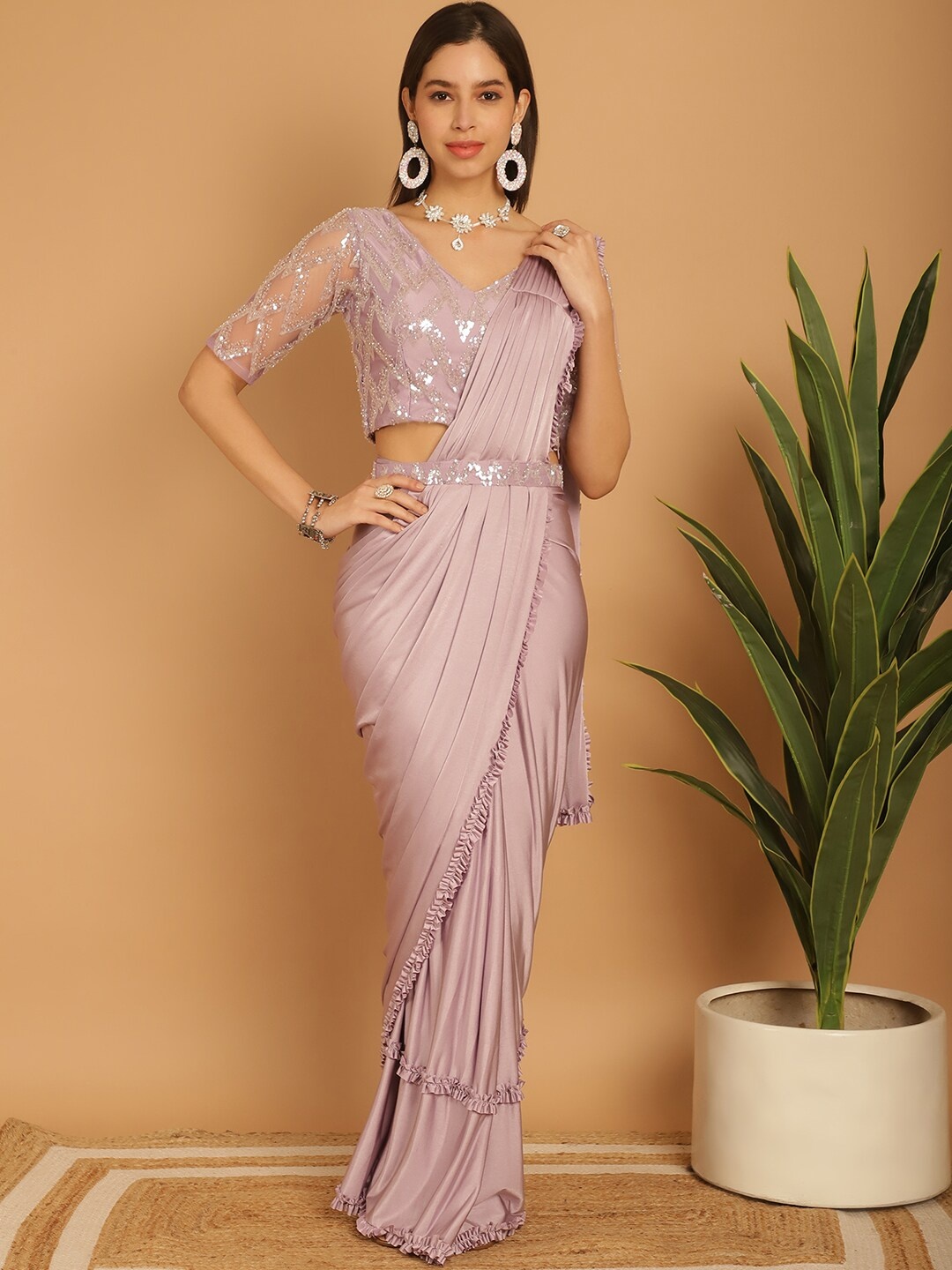 

Mitera Sequinned Ready to Wear Saree, Mauve