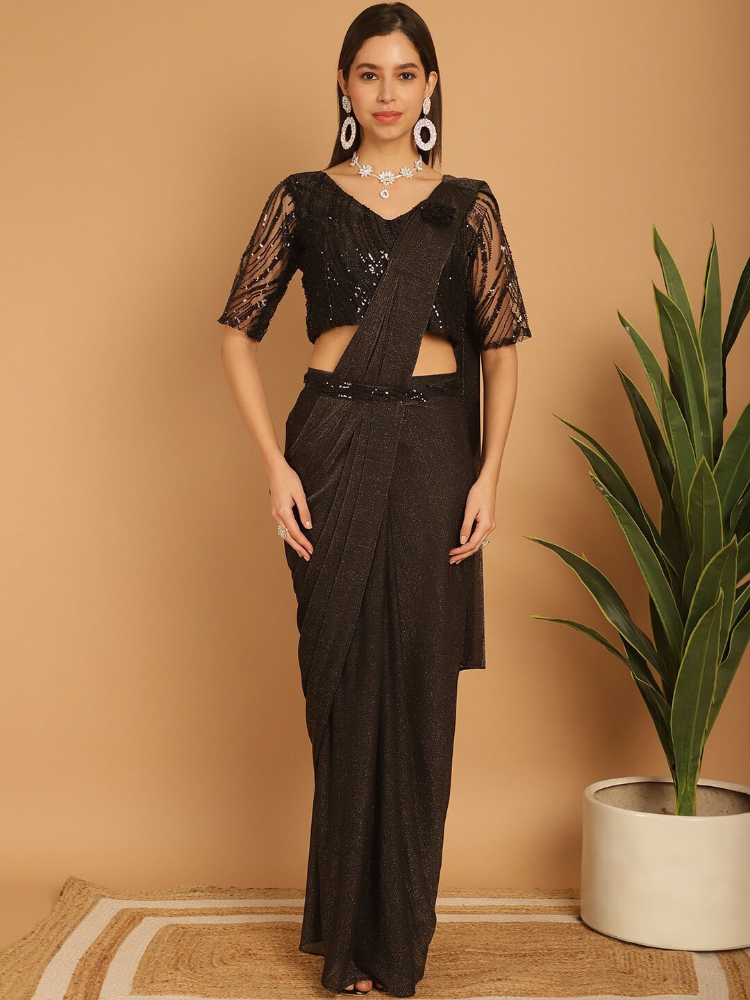 

Mitera Sequinned Ready to Wear Saree, Black