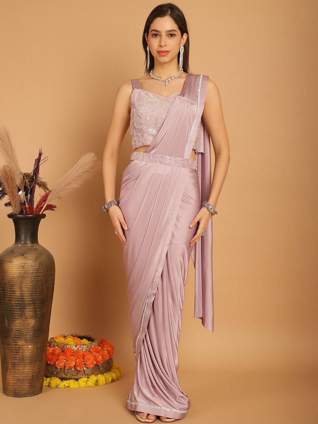 

Mitera Sequinned Ready to Wear Saree, Mauve