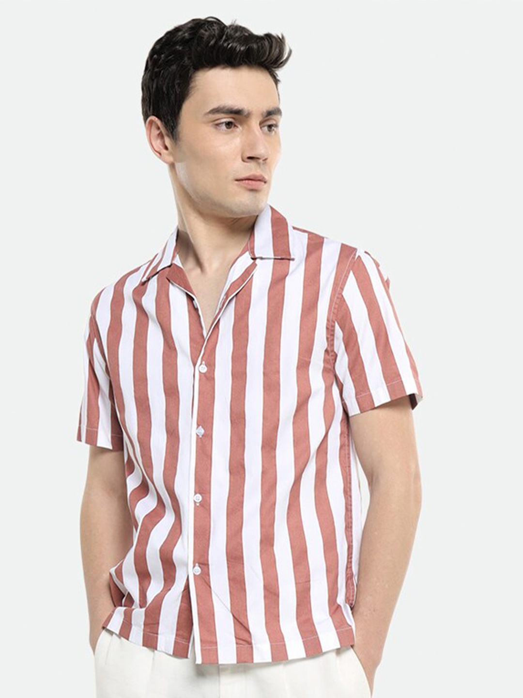 

Dennis Lingo Comfort Vertical Stripes Cotton Boxy Opaque Striped Casual Shirt, White