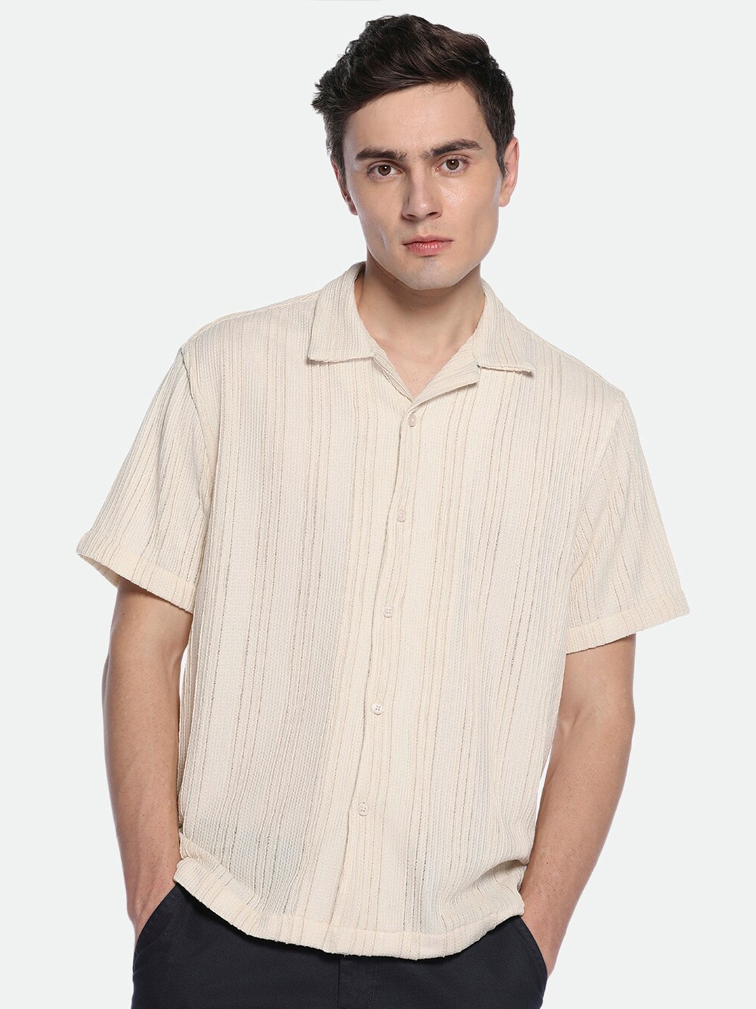 

Dennis Lingo Cotton Cuban Collar Textured Striped Casual Shirt, Beige