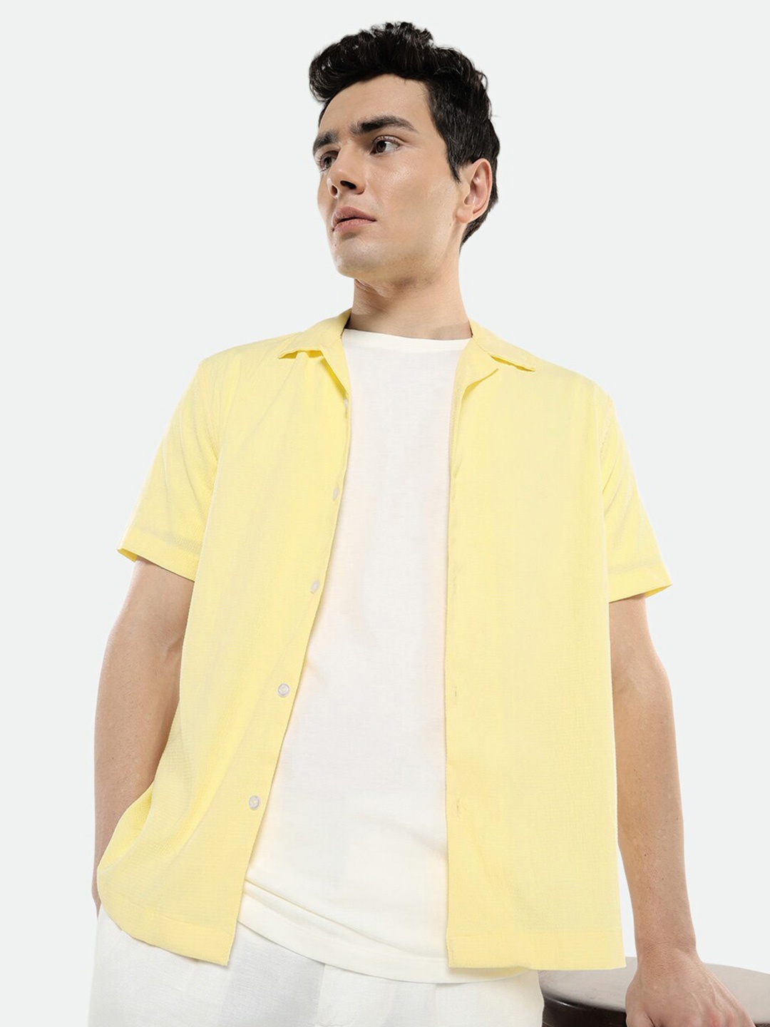 

Dennis Lingo Cuban Collar Boxy Textured Casual Shirt, Yellow