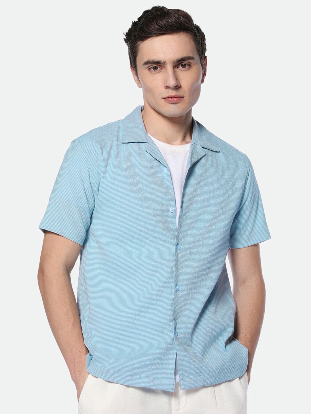 

Dennis Lingo Cuban Collar Boxy Textured Casual Shirt, Blue