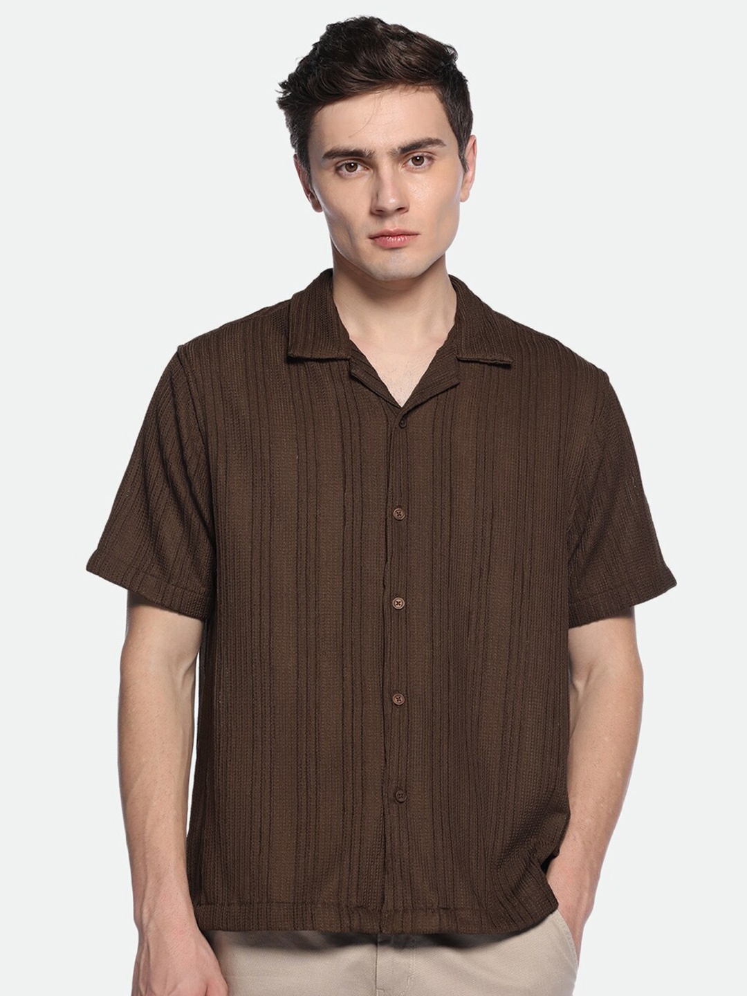 

Dennis Lingo Boxy Textured Striped Cuban Collar Casual Shirt, Brown