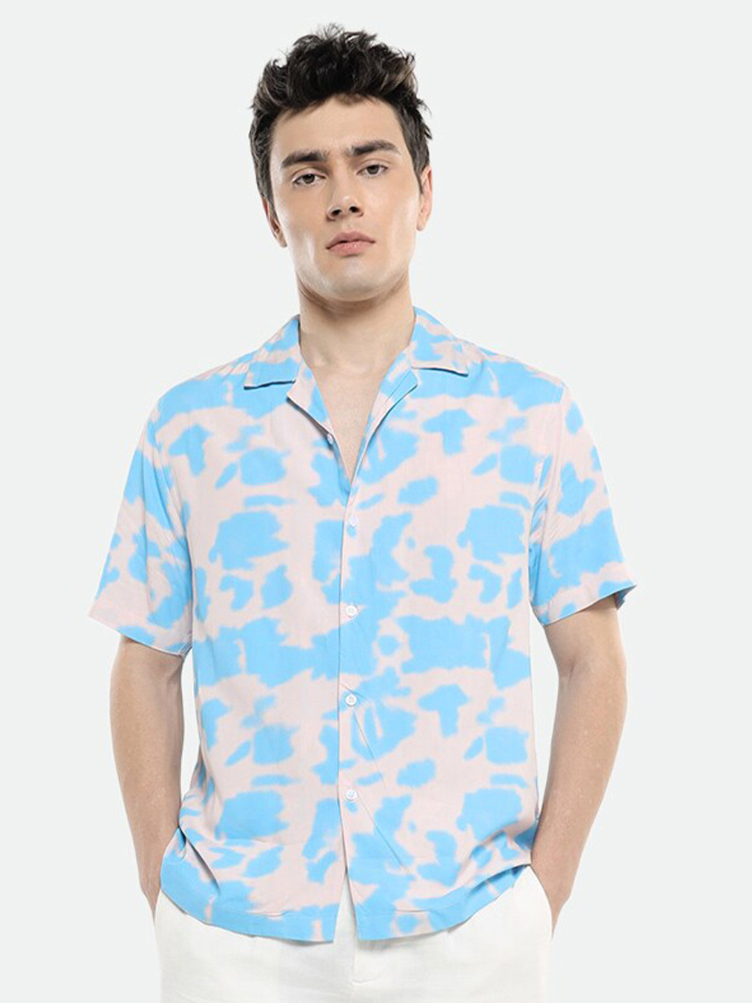 

Dennis Lingo Comfort Abstract Printed Cuban Collar Short Sleeves Boxy Opaque Casual Shirt, Blue