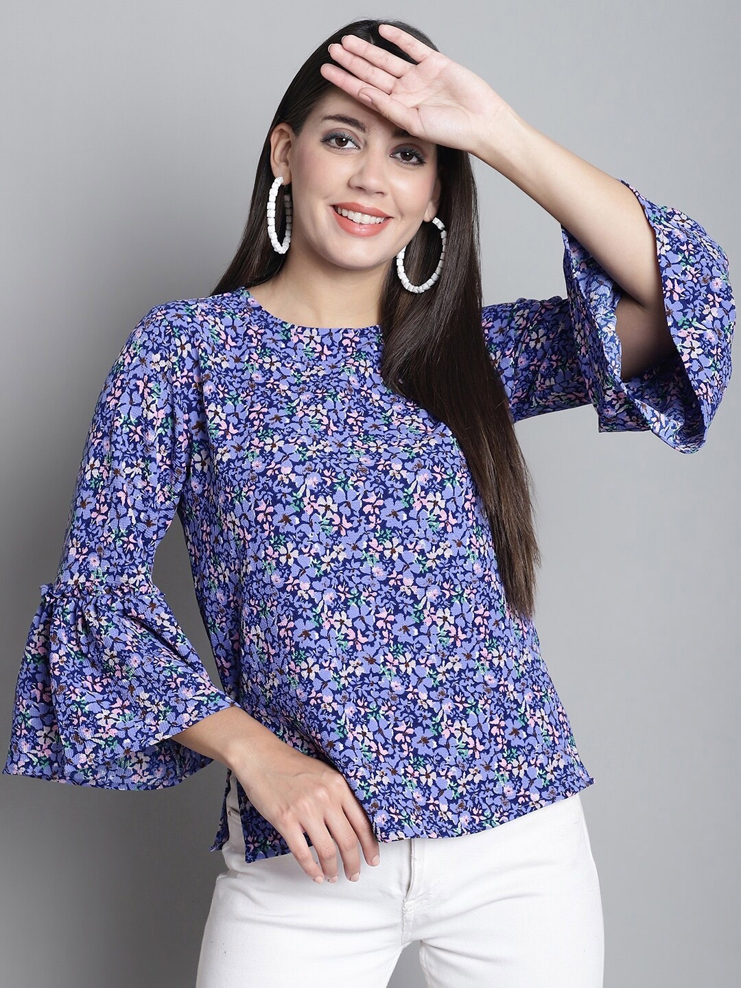 

Dressitude Floral Printed Bell Sleeves Crepe Top, Purple