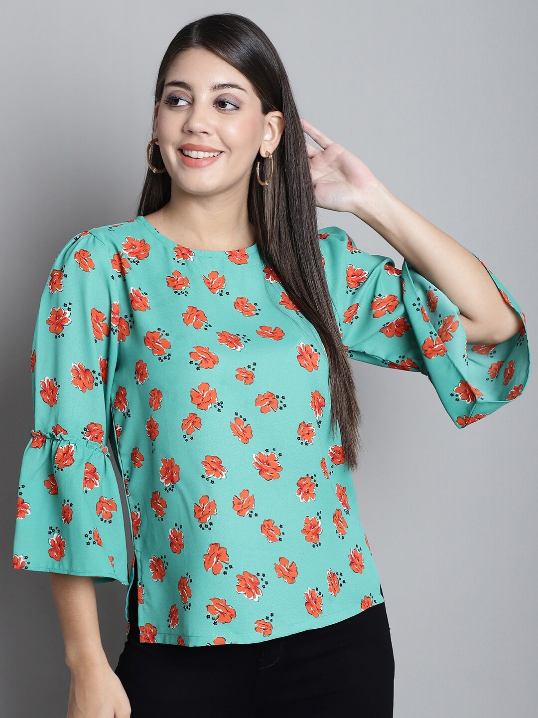 

Dressitude Floral Printed Bell Sleeves Crepe Top, Green