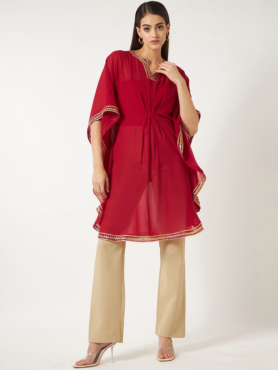 

Pannkh Mandarin Collar Flared Sleeves Thread Work Kaftan Kurta, Red