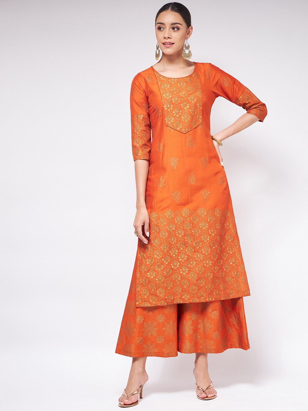 

Pannkh Ethnic Motifs Printed Yoke Design Straight Kurta, Orange