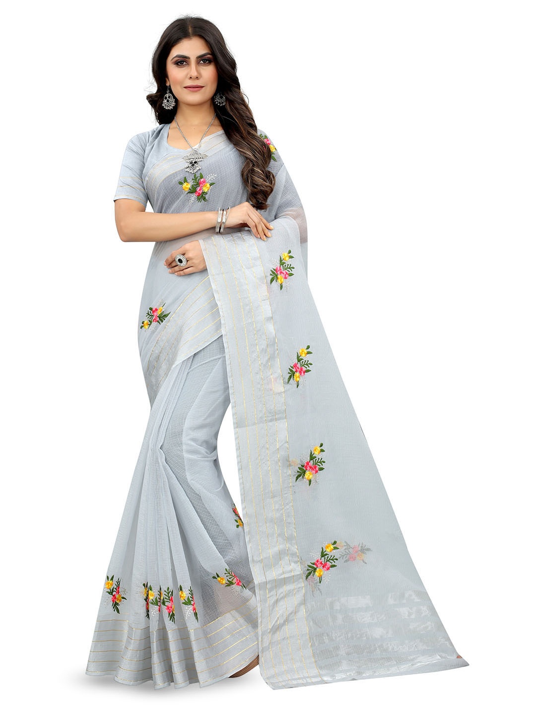 

suyukti creation Floral Embroidered Kota Saree, Grey