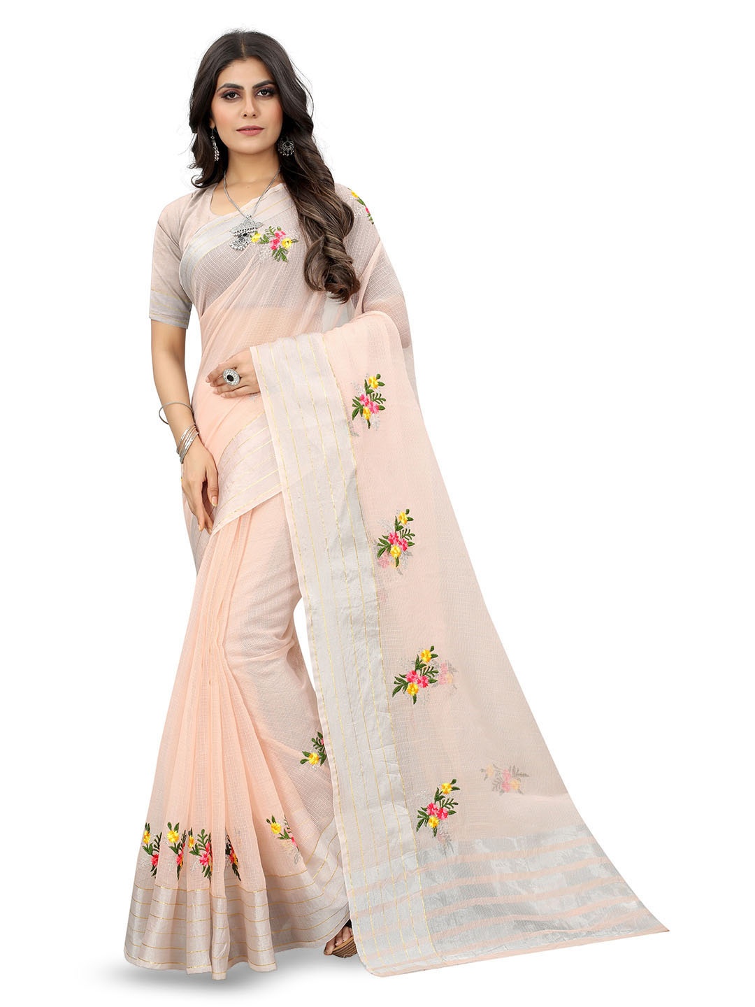 

suyukti creation Floral Embroidered Kota Saree, Peach