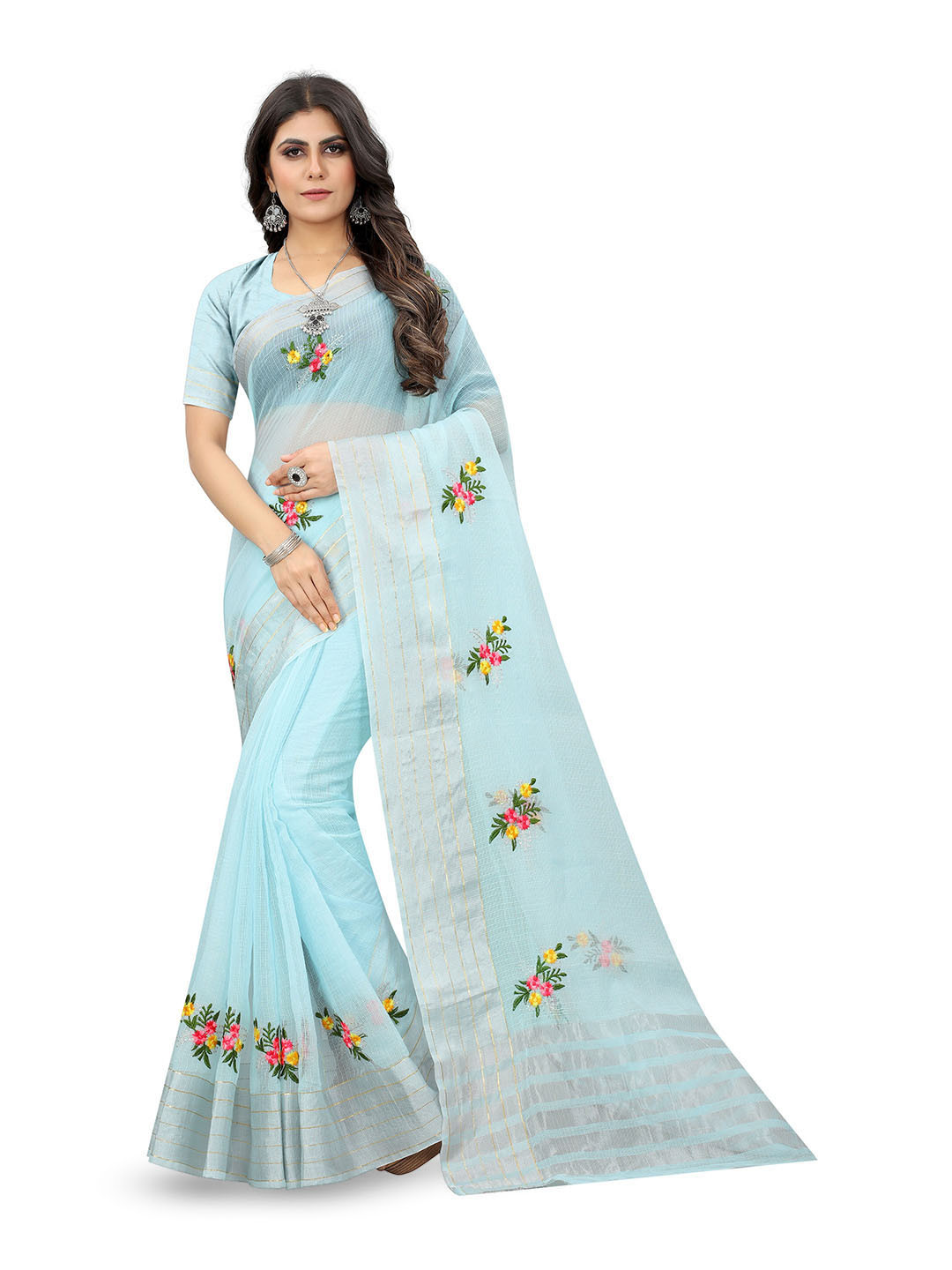 

suyukti creation Floral Embroidered Kota Saree, Blue