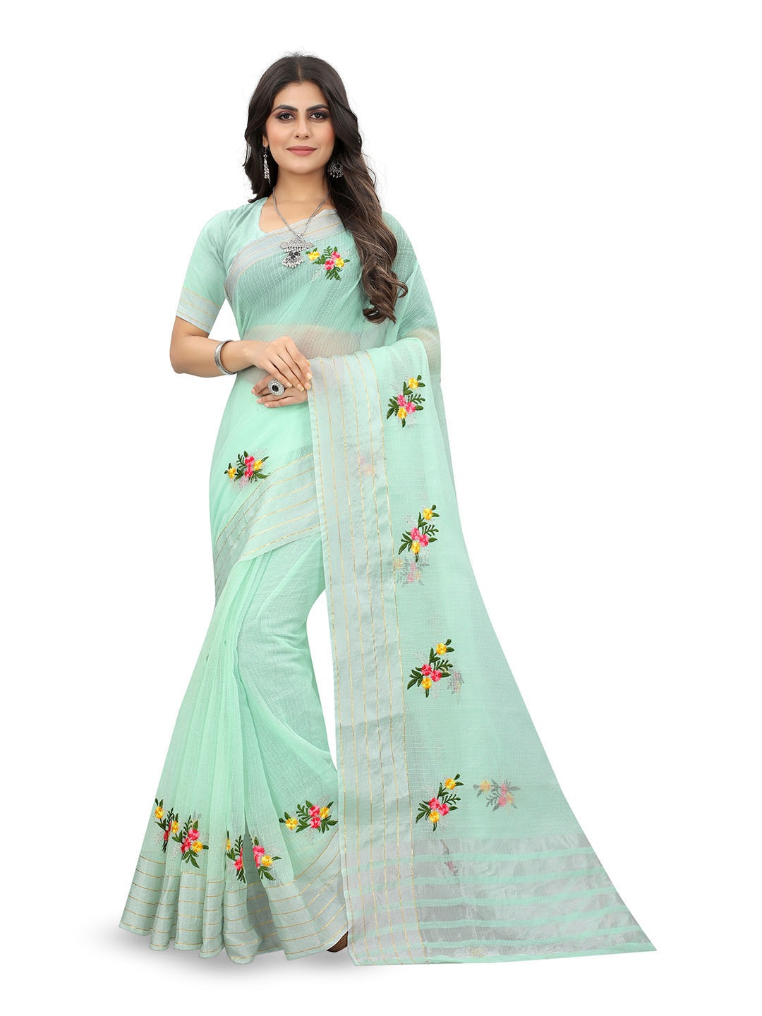 

suyukti creation Floral Embroidered Kota Saree, Green