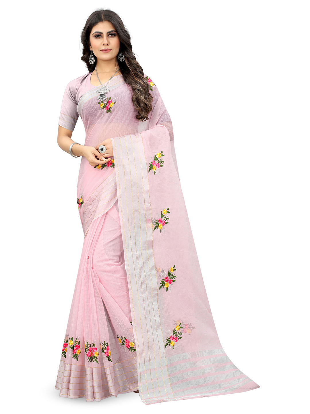 

suyukti creation Floral Embroidered Kota Saree, Pink