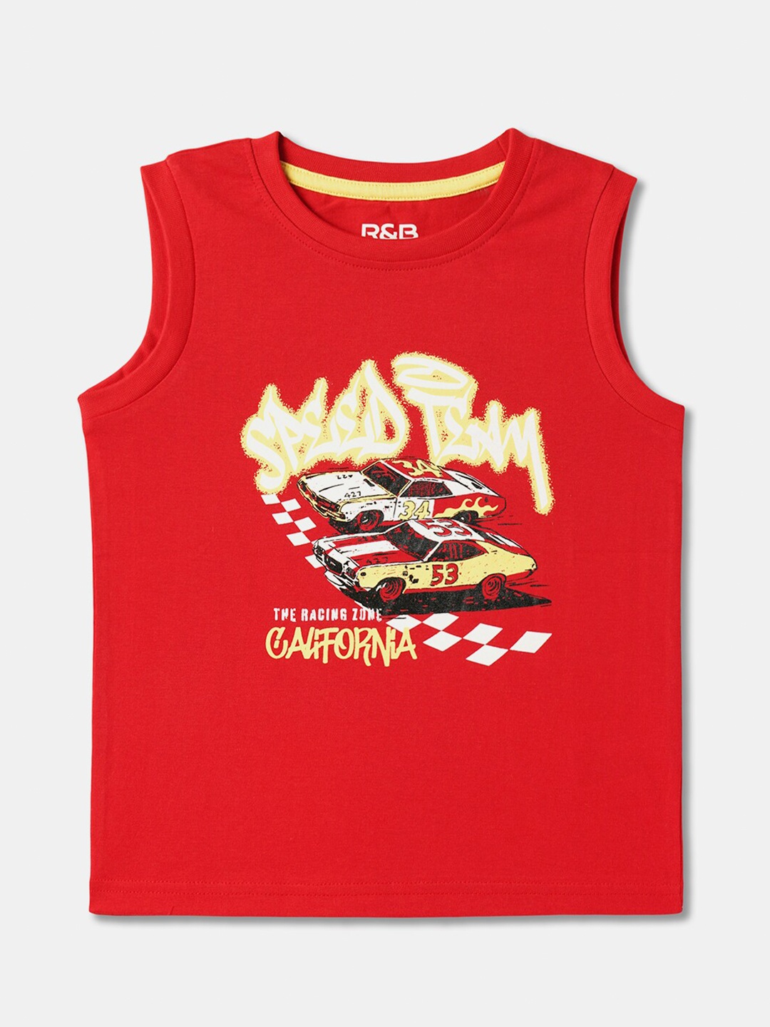

R&B Boys Printed Sleeveless Cotton T-shirt, Red