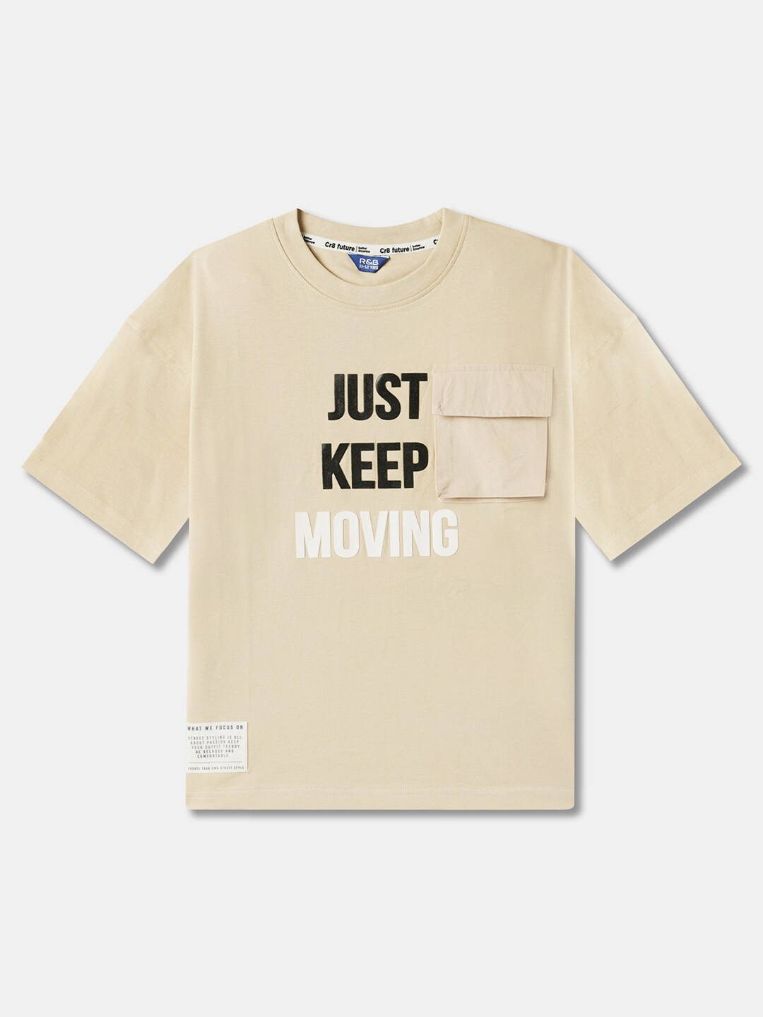 

R&B Boys Typography Printed Round Neck Pockets Cotton T-shirt, Beige