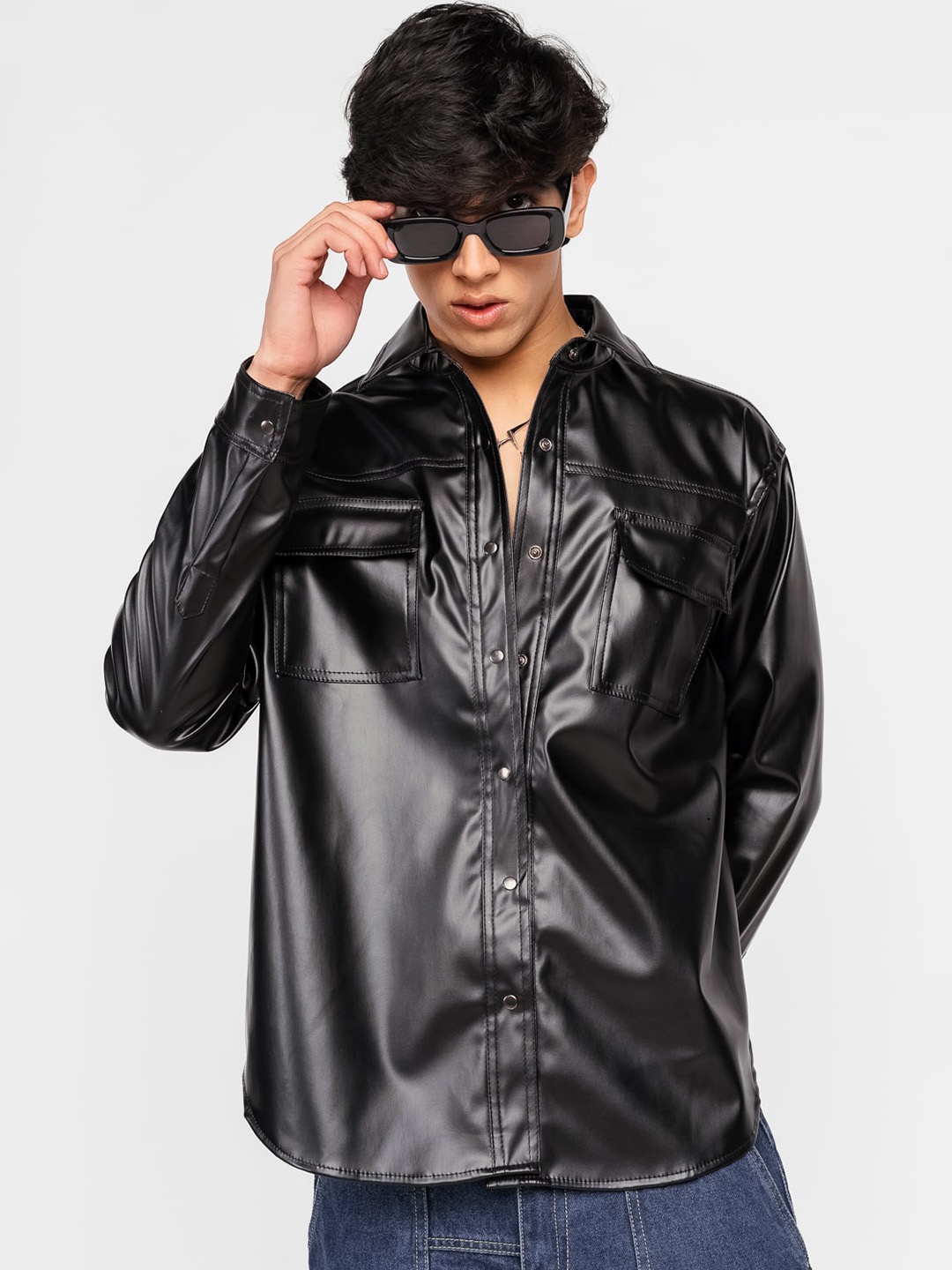 

FREAKINS Spread Collar Biker Jacket, Black