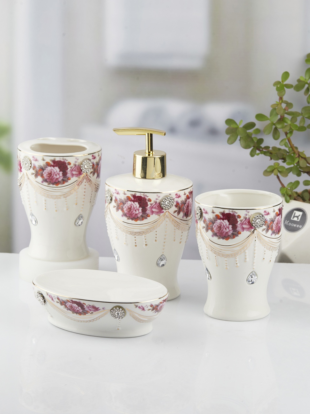 

Kookee White & Pink 4 piece Floral Printed Ceramic Bath Accessories Set