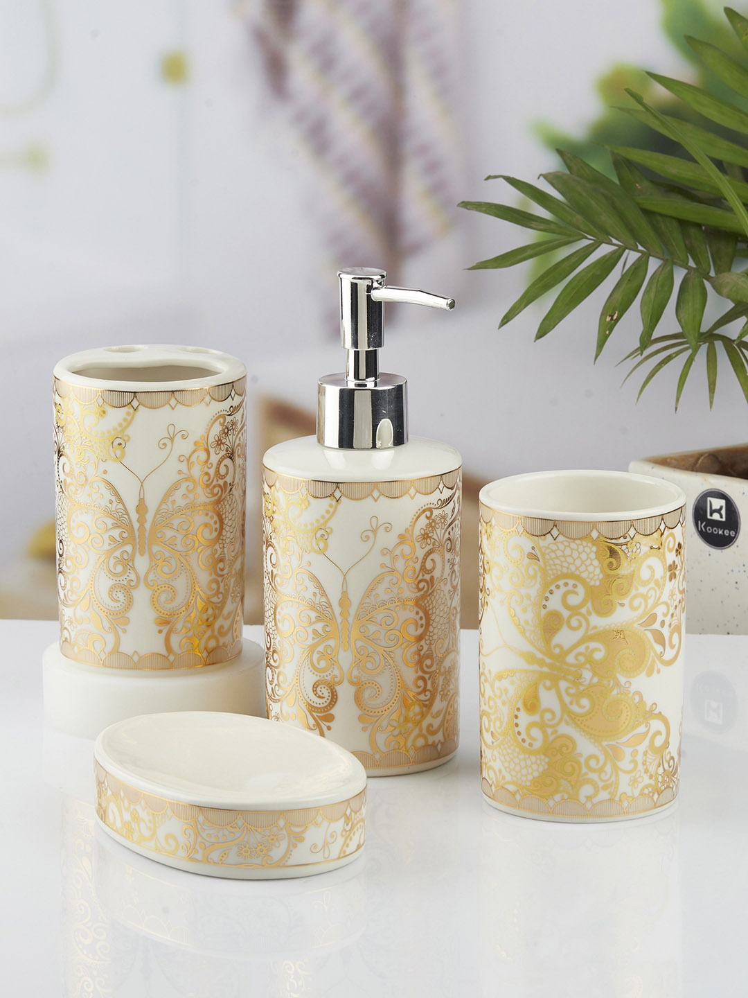 

Kookee Gold Toned 4 Pieces Abstract Ceramic Bath Accessories Set