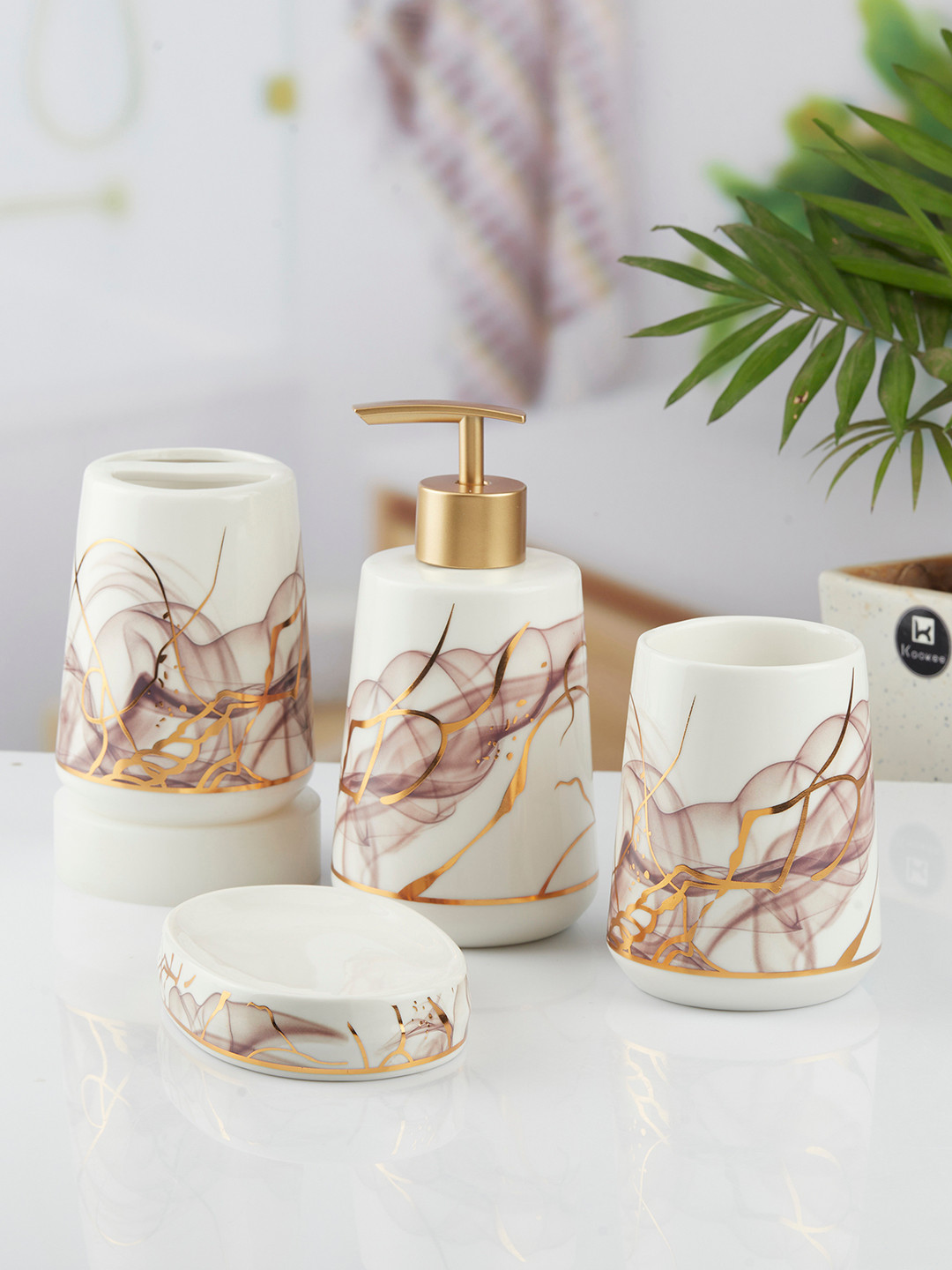 

Kookee White & Gold-Toned 4Pcs Abstract Ceramic Bath Accessories Set 400ml