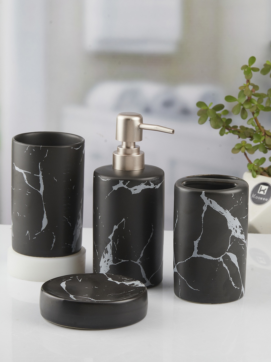 

Kookee Black & Grey 4 piece Abstract Printed Ceramic Bath Accessories Set