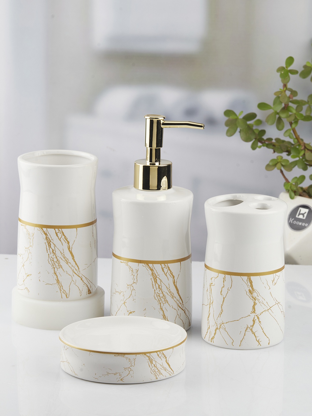

Kookee White 4 Pieces Abstract Ceramic Bath Accessories Set 350 ml