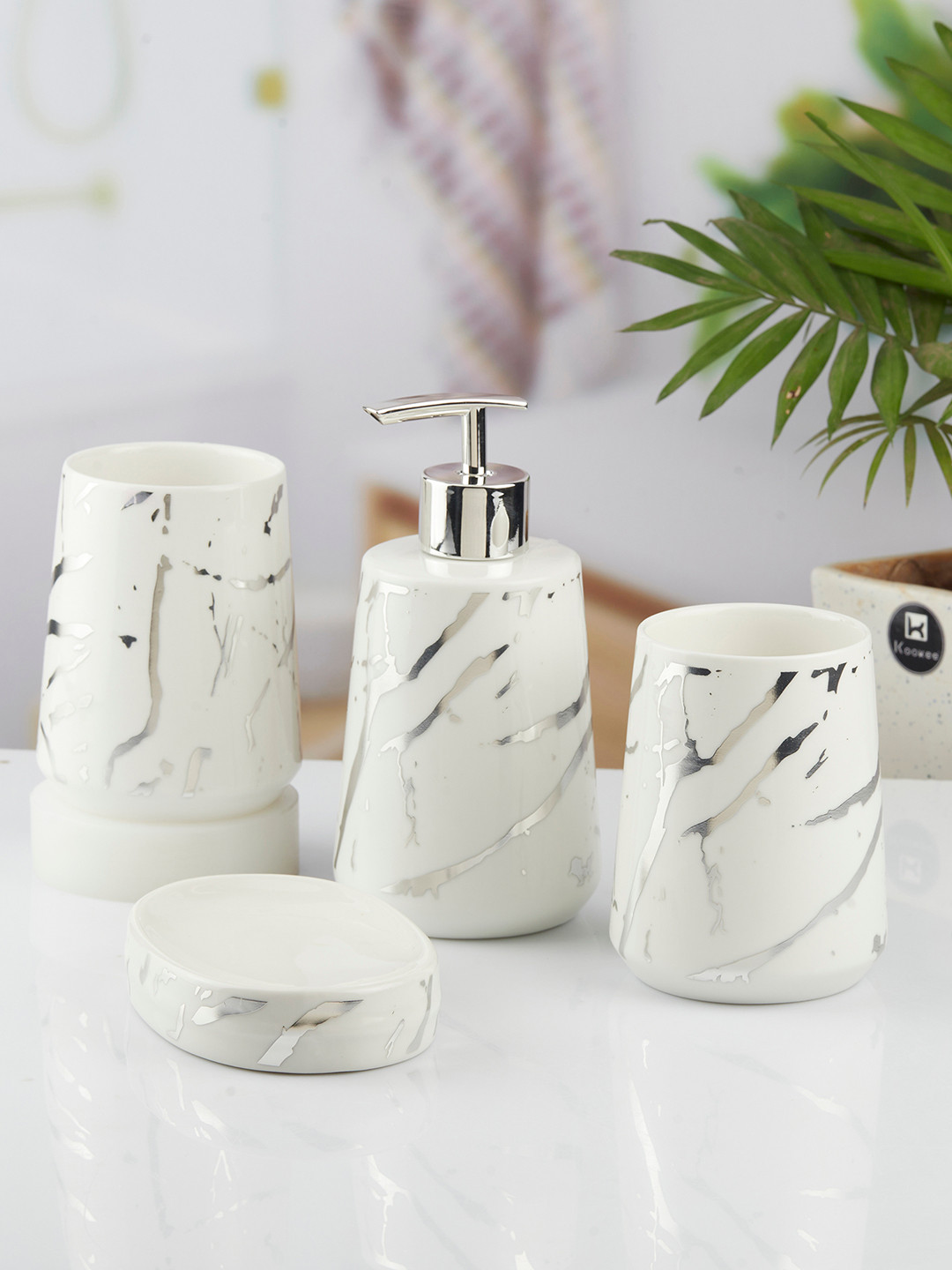 

Kookee White 4 Pieces Abstract Printed Ceramic Glossy Finished Bath Accessories Set