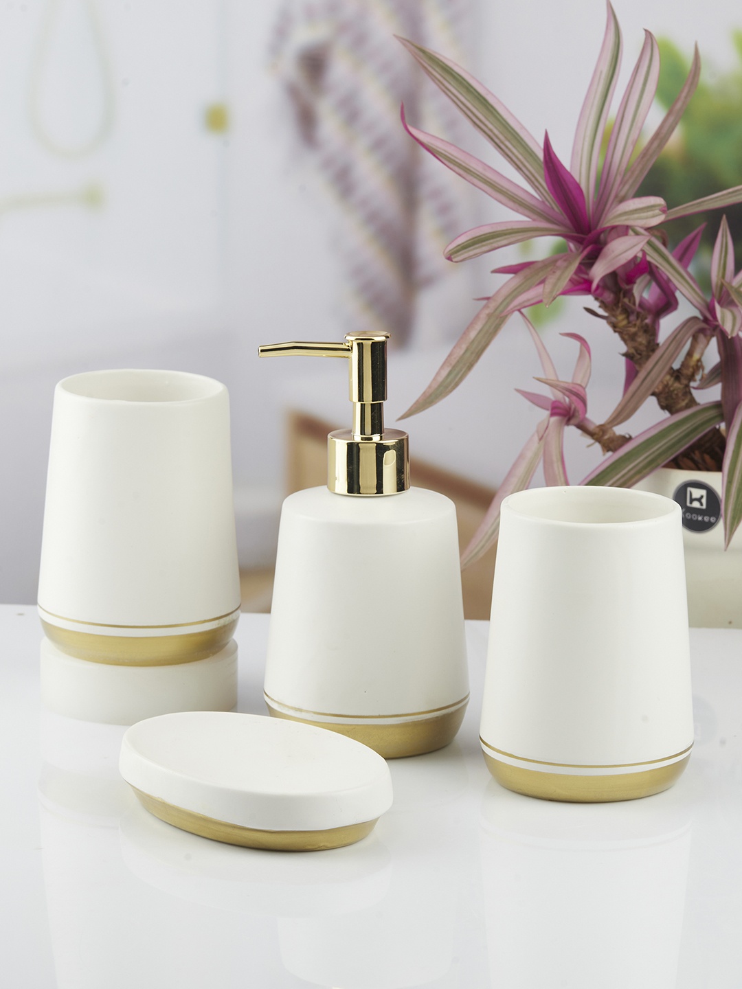 

Kookee White & Gold-Toned 4Pcs Ceramic Bath Accessories Set 400ml