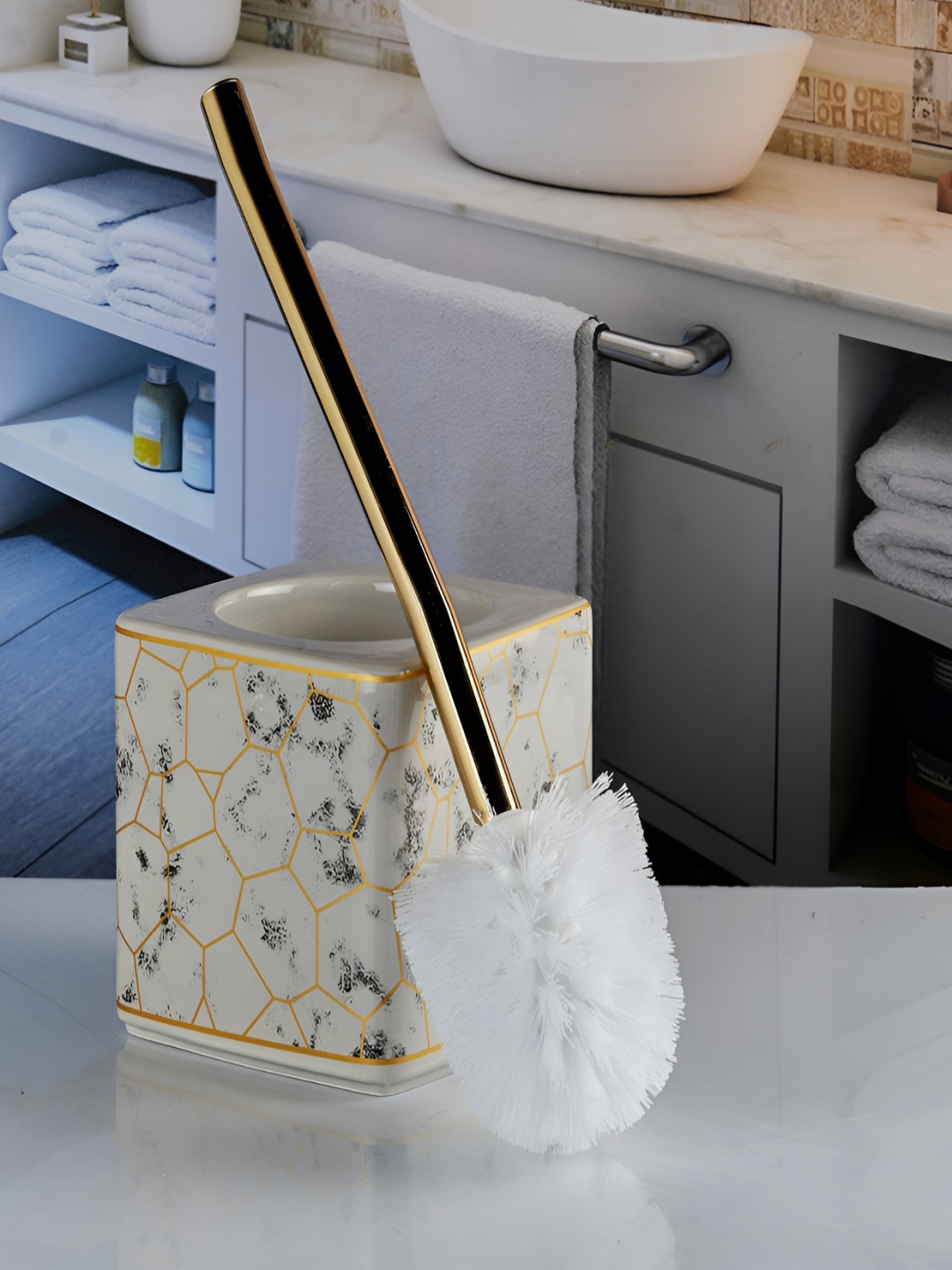 

Kookee Grey & Gold Toned Geometric Printed Ceramic Toilet Brush Holder