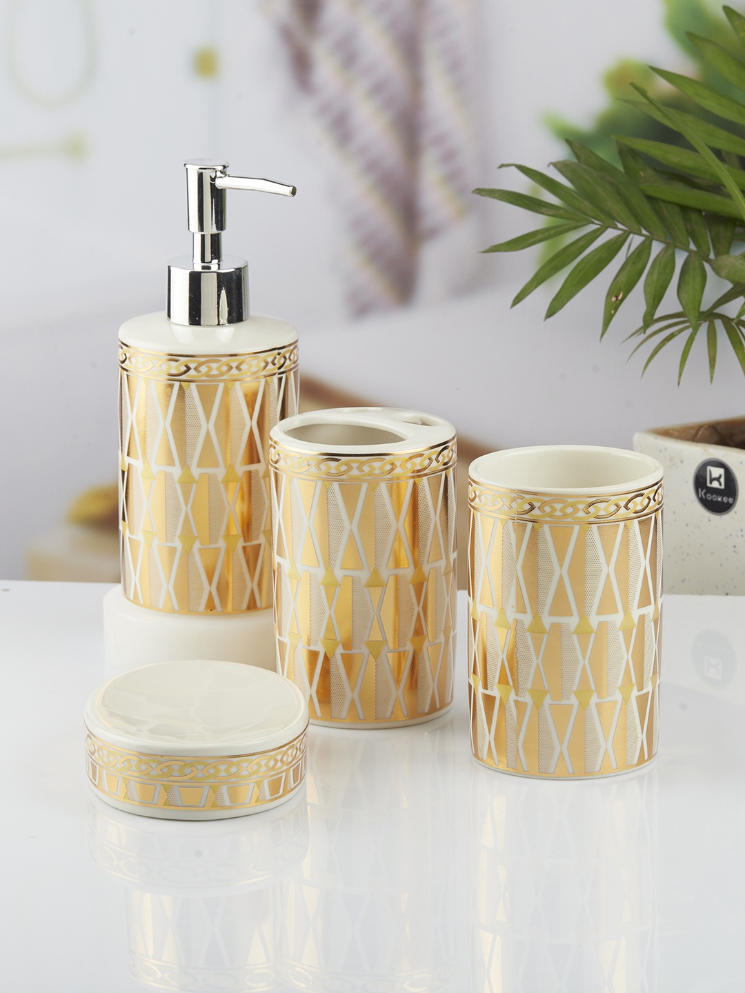 

Kookee Gold-Toned & White 4 pieces Abstract Ceramic Bath Accessories Set