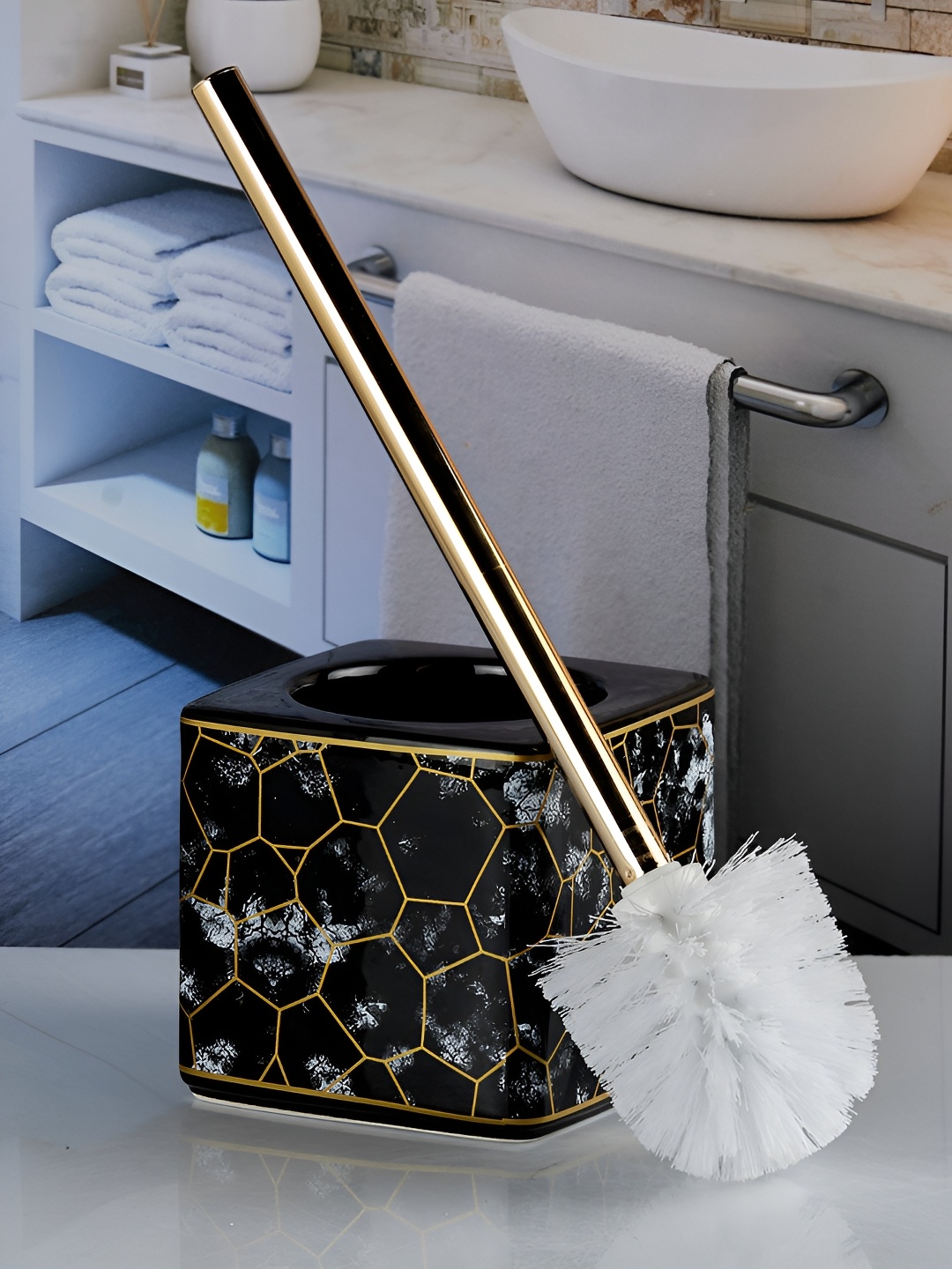 

Kookee Black Printed Ceramic Toilet Brush Holder