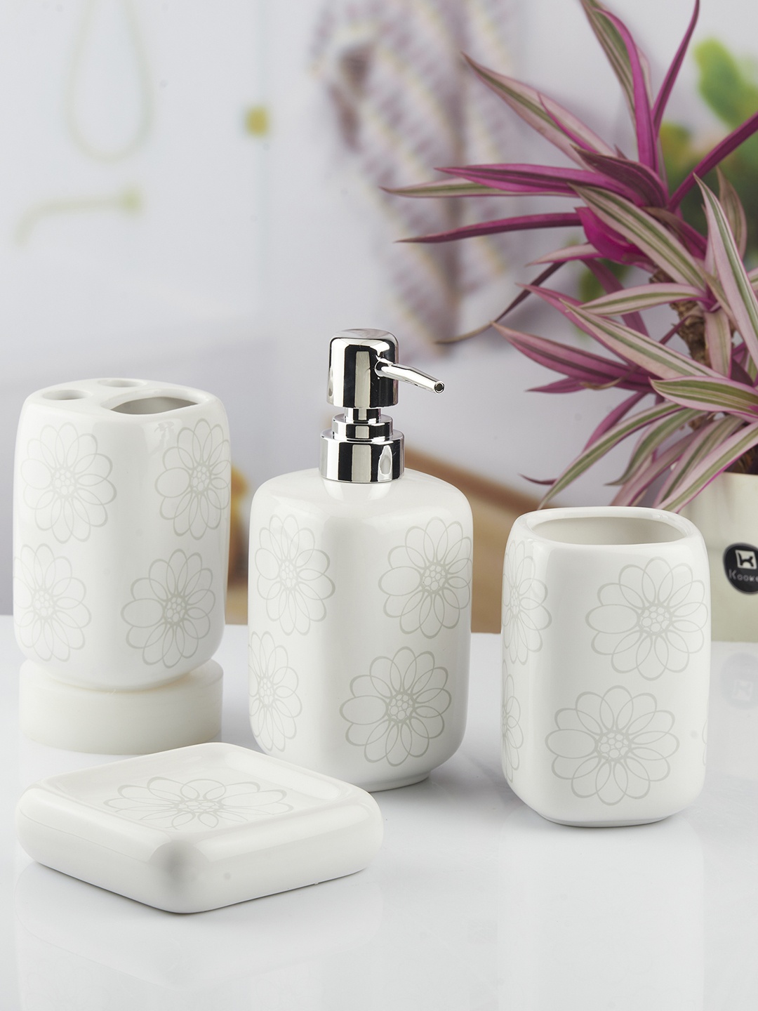 

Kookee White 4 piece Abstract Printed Ceramic Bath Accessories Set