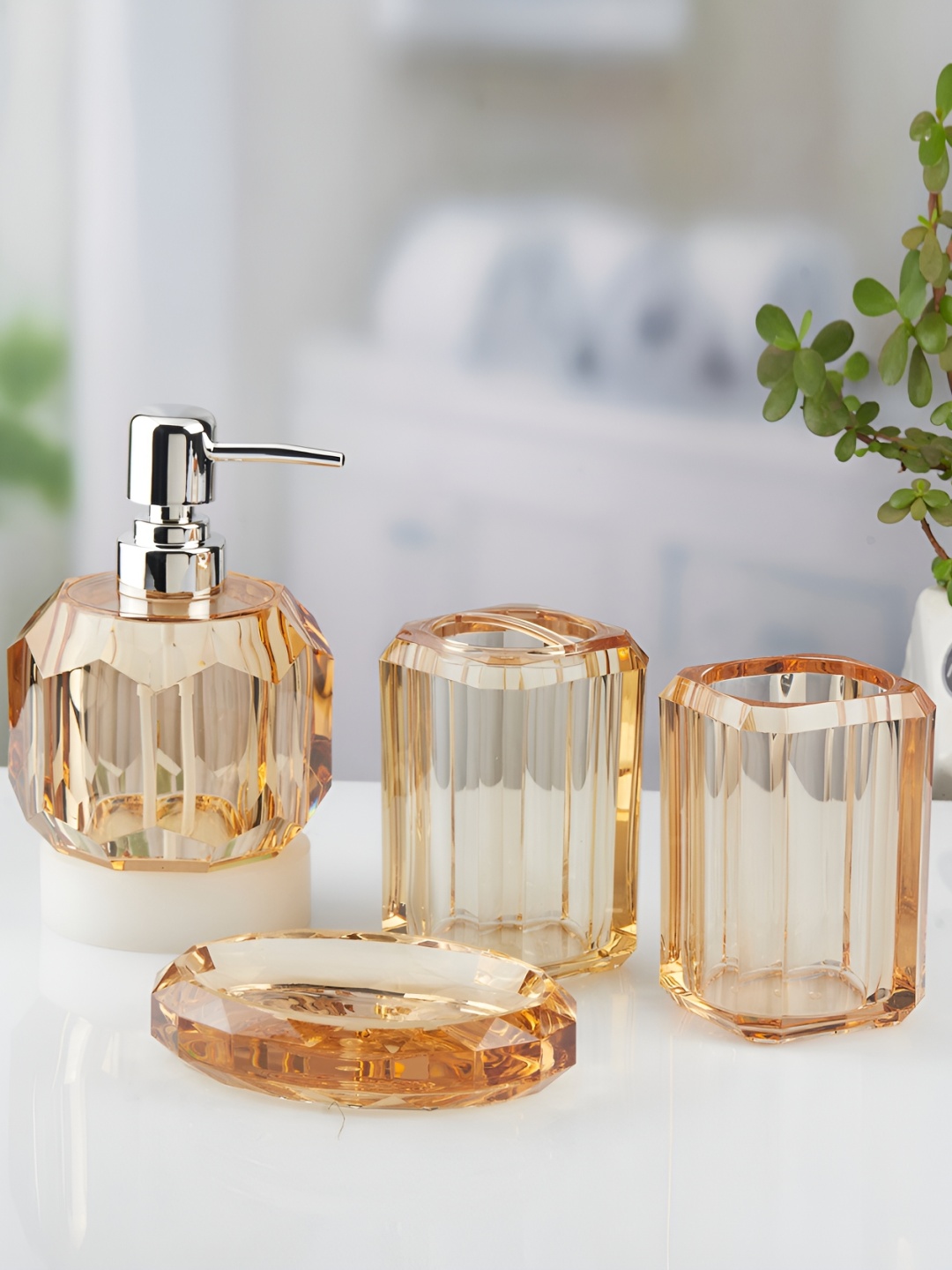 

Kookee Brown& Silver-Toned 4Pcs Abstract Ceramic Glossy Bath Accessories Set