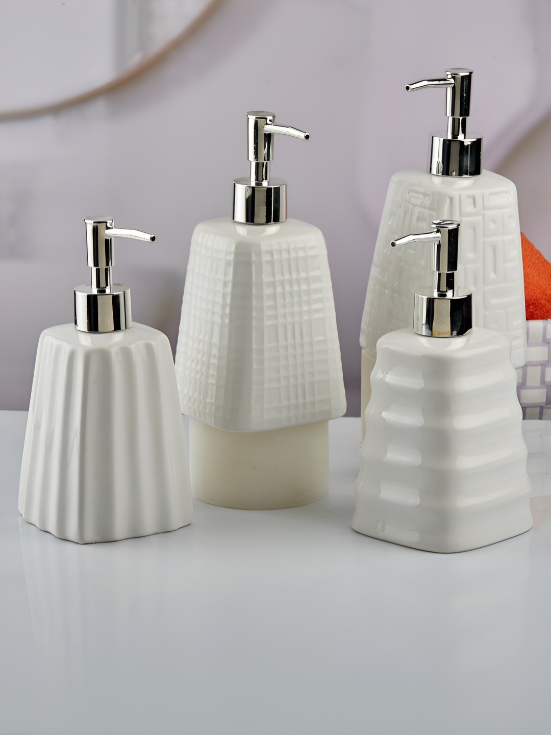 

Kookee White & Silver-Toned 4Pcs Abstract Ceramic Soap Dispenser 400ml Each