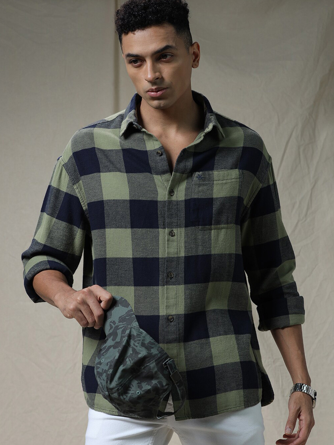 

WROGN Buffalo Checks Checked Spread Collar Casual Shirt, Green